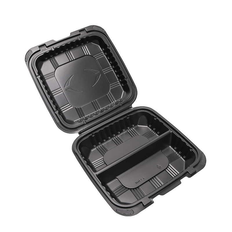 Disposable PP Lunch box with lid sealing black square two grid fast food box